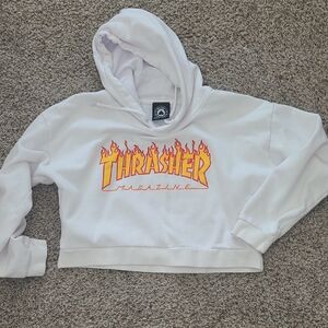 Thrasher White Cropped Hoodie with Flame Design